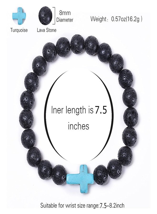 FORUBUS 2Pcs Lava Rock Stone Beaded Bracelet, Cross Charm Natural Volcanic Stone beads Turquoise Stretch Bracelet for Women Men Religion Jewelry Pray Baptism Gift-black - Image 2